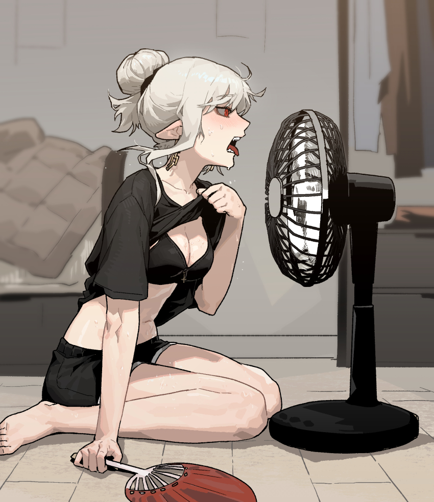 abs blush bra clothes_lift earrings electric_fan fang gogalking hair_bun hand_fan highres holding holding_fan jewelry open_mouth paper_fan pointy_ears red_eyes sharp_teeth shirt_lift shorts single_hair_bun sitting solo sweat teeth tired tongue tongue_out underwear vampire_(gogalking) white_hair