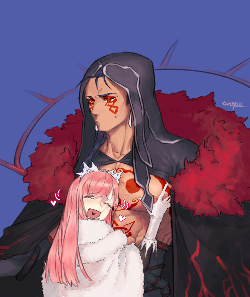 1boy 1girl absurdres angry between_pectorals blue_hair bodypaint cape closed_eyes closed_mouth cu_chulainn_(fate) cu_chulainn_(fate/stay_night) cu_chulainn_alter_(fate) cu_chulainn_alter_(fate/grand_order) cu_chulainn_alter_(third_ascension)_(fate) dark-skinned_male dark_blue_hair dark_persona dark_skin detached_hood earrings facepaint fate/grand_order fate_(series) fur-trimmed_cape fur_trim gloves heart heart_in_mouth highres hood hood_up jewelry long_hair looking_at_another looking_down medb_(fate) medb_(first_ascension)_(fate) muscular muscular_male nipples open_mouth pectoral_grab pectorals red_eyes simple_background tan topless_male white_gloves wope
