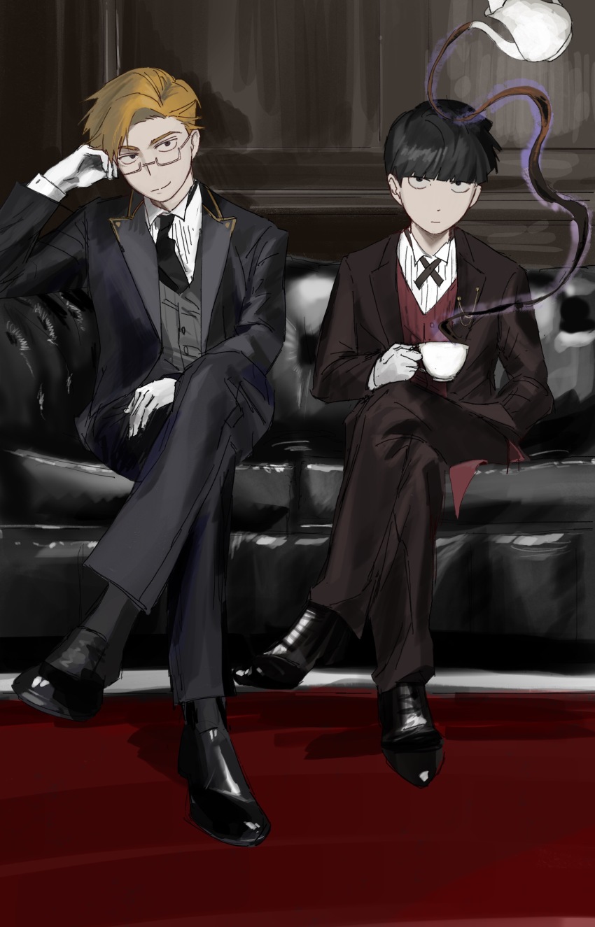 2boys absurdres alternate_costume baobing black_boots black_eyes black_hair black_jacket black_necktie black_pants black_shoes blonde_hair boots brown_jacket brown_pants buttons chinese_commentary closed_mouth collared_shirt commentary_request couch cross_tie crossed_legs cup expressionless glasses gloves grey_vest highres holding holding_cup indoors jacket kageyama_shigeo lapels magic male_focus mob_psycho_100 multiple_boys necktie notched_lapels on_couch open_clothes open_jacket pants red_vest reigen_arataka sanpaku semi-rimless_eyewear shirt shoes short_hair sitting smile teapot telekinesis vest white_gloves white_shirt
