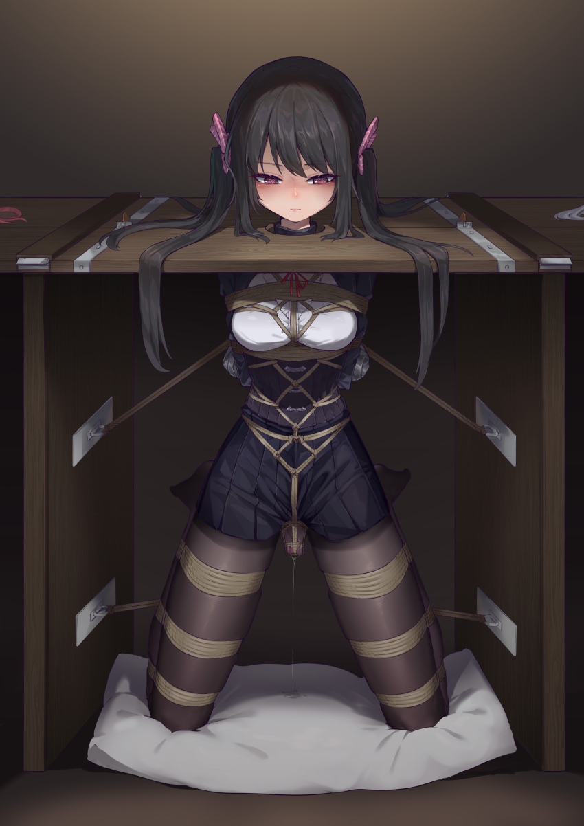 1girl @_@ absurdres arms_behind_back bdsm black_hair black_pantyhose black_skirt bondage bound bound_arms bound_legs bound_torso bow closed_mouth crotch_rope dildo feet_up female_focus frogtie hair_bow highres kneeling legs_apart lock long_hair neck_ribbon object_insertion on_pillow original padlock pantyhose pillow pleated_skirt purple_eyes pussy_juice pussy_juice_puddle pussy_juice_trail red_ribbon restrained ribbon sex_toy shibari shibari_over_clothes skirt solo_focus stocks tape taped_fingers taped_hands twintails vaginal vaginal_object_insertion vibrator xiongmao