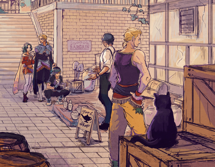 1girl 4boys animal back bandana bare_shoulders barrel black_cat black_gloves black_jacket black_pants blonde_hair blue_bandana blue_eyes boots bracelet brick_floor building cape cat crate cropped_jacket cursive dress earrings edgar_roni_figaro english_text facial_hair final_fantasy final_fantasy_vi gloves gradient_cape green_hair grey_eyes grey_hair hair_ribbon high_ponytail holding jacket jewelry locke_cole long_hair looking_at_viewer low_ponytail multi-tied_hair multiple_boys necklace orange_wrist_cuffs outdoors pants parted_bangs ponytail purple_tank_top red_boots red_dress red_sleeves ribbon sabin_rene_figaro sash shirt shopping short_ponytail shovel sign sleeves_past_wrists smile squatting stairs standing strapless strapless_dress stubble suspenders tank_top tassel-trimmed_cape tina_branford treasure_chest triangle_print tube_dress uedymummy0921 vase waist_sash white_boots white_shirt wrist_cuffs yellow_cape