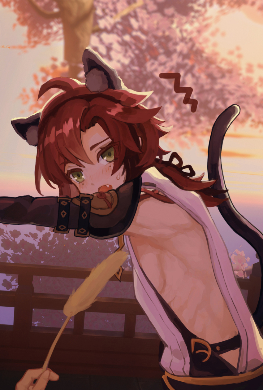 1boy animal_ears armor balcony black_gloves black_hairband blush cat_ears cat_tail cattail evening fang genshin_impact gloves hairband highres holding japanese_armor kongmingbubu kote kurokote looking_at_viewer mole mole_under_each_eye mole_under_eye multiple_moles open_clothes open_mouth open_shirt plant railing red_hair shikanoin_heizou shirt side_slit solo sweat tail tree white_shirt