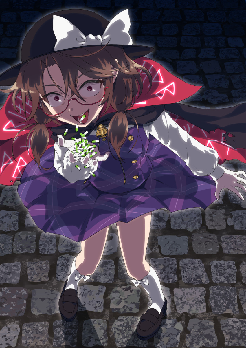 1girl black_hat bow brown_hair cape commission crazy_eyes crazy_smile dress drugs glasses hat hat_bow highres long_sleeves looking_at_viewer puffy_long_sleeves puffy_sleeves purple_dress serin shirt skeb_commission smile socks solo touhou usami_sumireko white_shirt white_socks