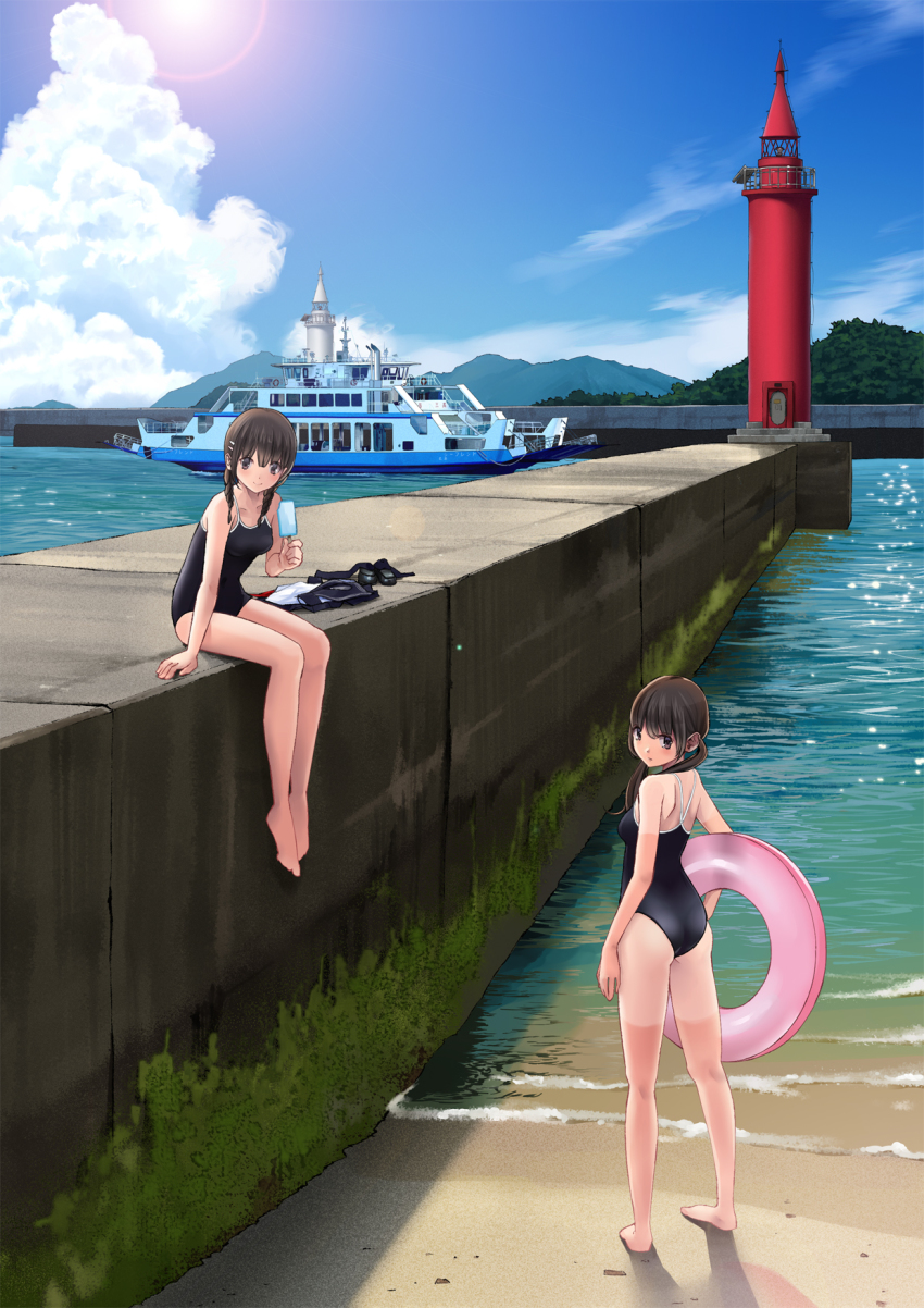 2girls arm_support ass back bad_id bad_pixiv_id bare_legs bare_shoulders barefoot beach black_eyes black_hair blue_sky blush braid breasts carrying carrying_under_arm caustics chikuwa_(glossymmmk) chikuwa_(odennabe) closed_mouth cloud competition_school_swimsuit concrete day dock expressionless food foot_dangle hair_ornament hair_over_shoulder hairclip highres holding holding_food innertube legs_together lens_flare light_particles lighthouse long_hair looking_at_viewer looking_back moss mountain multiple_girls ocean one-piece_swimsuit original outdoors popsicle revision sand school_swimsuit shadow ship shirt_tan shoes shorts_tan sitting sky small_breasts smile spread_legs standing sun sunlight swim_ring swimsuit tan tanline twin_braids twintails unworn_clothes unworn_shoes water watercraft waves