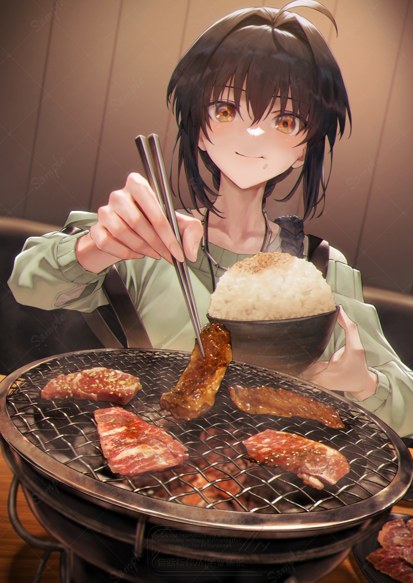 1other ahoge androgynous black_hair blush bowl braid chewing chopsticks collarbone commentary cooking eating fate/samurai_remnant fate_(series) food food_on_face good_meat_day grilling hair_between_eyes hair_intakes highres holding holding_bowl holding_chopsticks jewelry long_hair looking_at_viewer mugetsu2501 necklace orange_eyes other_focus rice rice_bowl sidelocks single_braid smile solo table watermark wooden_table yamato_takeru_(fate)