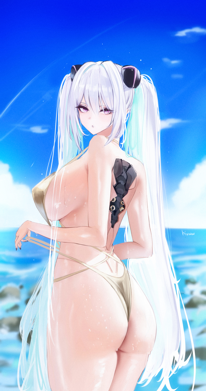 absurdres alternate_costume artist_name ass azur_lane bikini blue_sky breasts cloud cloudy_sky hair_between_eyes hair_ornament highres hiuww kearsarge_(azur_lane) large_breasts long_hair looking_at_viewer mechanical_spine outdoors purple_eyes sideboob sidelocks signature sky swimsuit thighs twintails very_long_hair wet