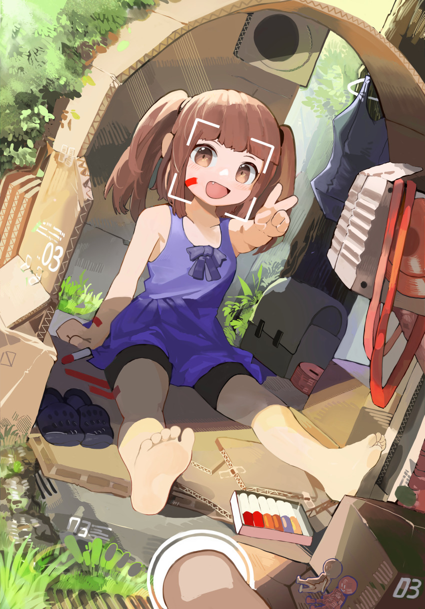 1girl :d absurdres backpack bag barefoot bike_shorts blue_dress box brown_eyes brown_hair cardboard cardboard_box child crocs dress dutch_angle ears_visible_through_hair facial_mark fang feet female_focus fukouna_shoujo_03 full_body grass highres looking_at_viewer marker menthako open_mouth original outdoors randoseru shorts_under_dress sitting smile soles solo tape toes twintails unworn_backpack unworn_bag unworn_footwear v