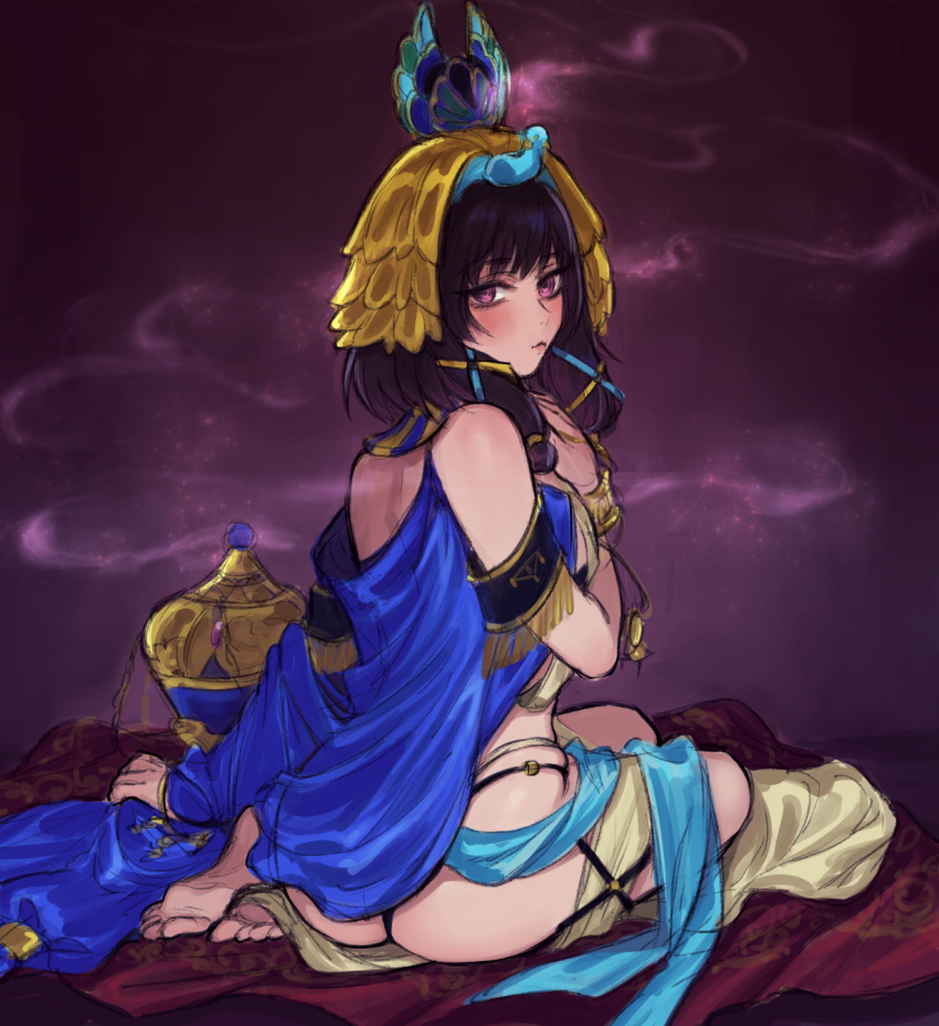 1girl ancient_egyptian ancient_egyptian_clothes ass bird bird_hat black_hair blush closed_mouth colored_smoke commentary_request ebony_(madoka_magica) from_behind full_body highres incense_burner long_hair looking_at_viewer looking_back magia_record:_mahou_shoujo_madoka_magica_gaiden magical_girl mahou_shoujo_madoka_magica peacock pink_eyes purple_background sitting smoke solo yukishiro_(hitsuji)