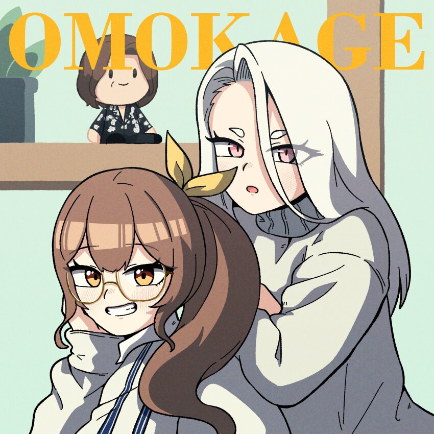 2girls absurdres blush brown_hair english_text glasses hand_on_own_face highres jacket long_hair multiple_girls open_mouth pink_eyes ponytail ribbon ryoung_10 side_ponytail simple_background sirian_rain sweater table victory_(waktaverse) waktaverse white_hair yellow_eyes yellow_ribbon