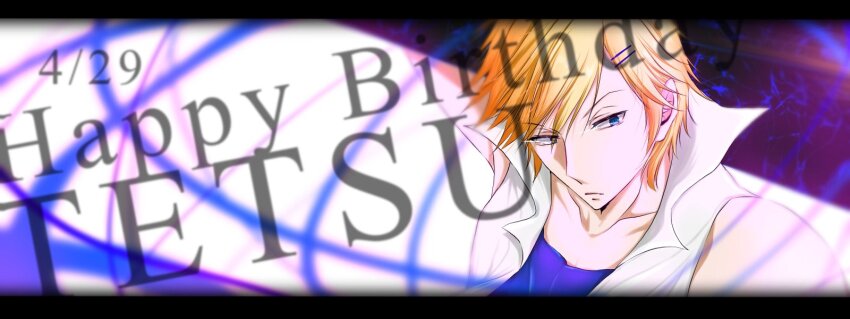 1boy blonde_hair blue_eyes hair_ornament happy_birthday highres holding_coffin jacket sendagaya_tetsu servamp shiranami_koh85 sleeveless white_jacket