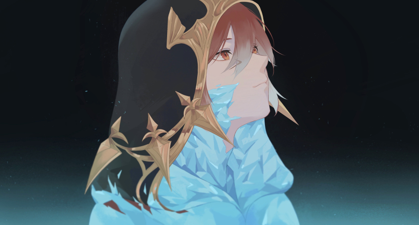 1boy blue_background crystal crystal_exarch crystallization facial_mark final_fantasy final_fantasy_xiv from_side g&#039;raha_tia gradient_background gradient_hair hair_between_eyes hane_(yhane312) highres hood hood_up looking_afar looking_up material_growth miqo&#039;te multicolored_hair portrait red_eyes red_hair simple_background slit_pupils solo two-tone_background