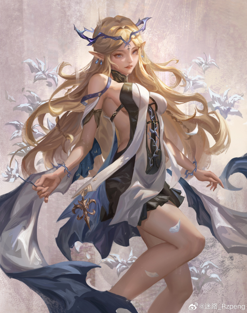 1girl absurdres bare_shoulders black_collar black_dress blonde_hair blue_eyes breasts cartethyia_(wuthering_waves) chinese_commentary collar commentary_request crown_of_thorns dress earrings feet_out_of_frame highres jewelry large_breasts long_hair looking_at_viewer lost_rzpeng parted_lips pointy_ears solo tabard tacet_mark_(wuthering_waves) thighs white_tabard wuthering_waves