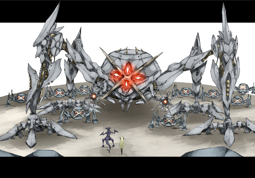 00s 1girl bidoof cynthia_(pokemon) eichi_(0903275) epic garchomp gen_3_pokemon gen_4_pokemon letterboxed mecha metagross metaking nintendo non-humanoid_robot odd_one_out pokemon pokemon_(creature) pokemon_dppt pokemon_rse realistic robot science_fiction walker_(robot)