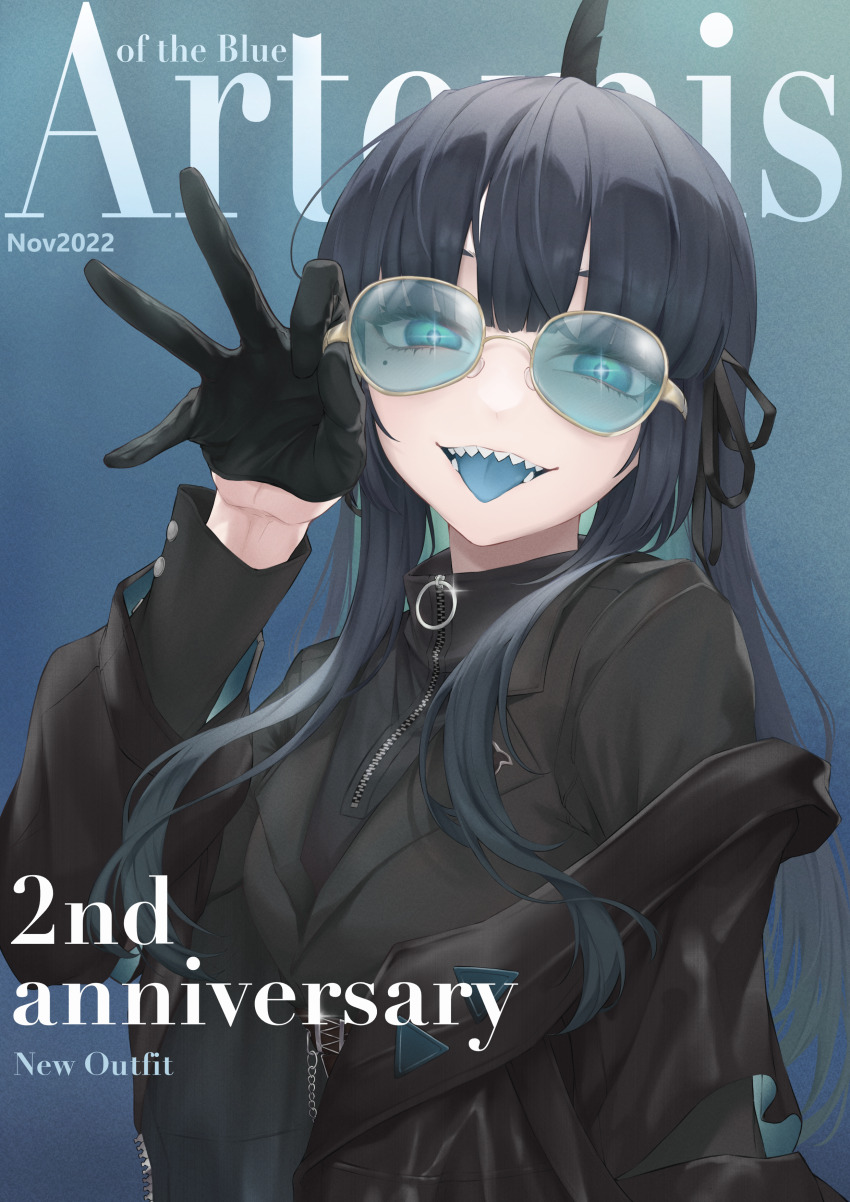 1girl 2022 a9_(repainter) absurdres adjusting_eyewear alternate_costume anniversary artemis_of_the_blue atelier_live black_gloves blue_background blue_eyes blue_tongue blunt_bangs character_name colored_tongue commentary english_text gloves glowing glowing_eyes hair_ribbon highres long_hair mole mole_under_eye november off_shoulder official_alternate_costume ribbon shark_fin shark_girl sidelocks solo sunglasses symbol-only_commentary tongue tongue_out virtual_youtuber