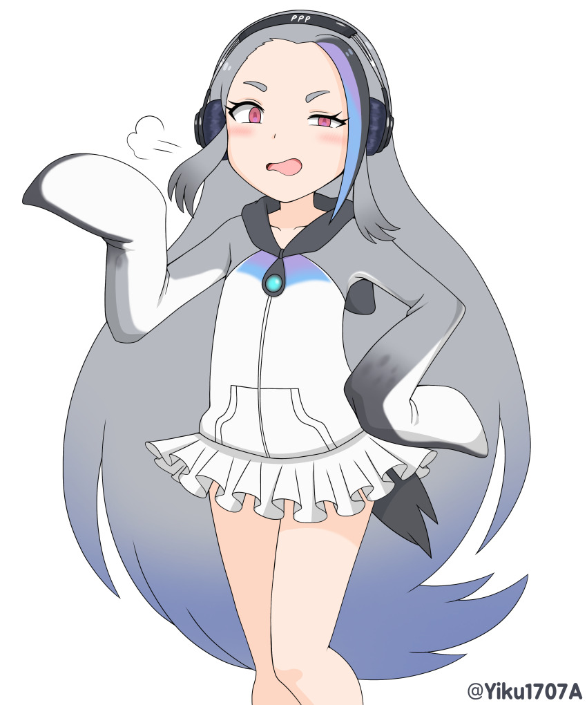 1girl absurdres animal_costume annoyed artist_name bare_legs black_hoodie blue_hair blush child collarbone confused dot_nose eyebrows eyelashes feet_out_of_frame female_focus flat_chest giant_penguin_(kemono_friends) gradient_hair grey_hair grey_hoodie half-closed_eye hand_on_own_hip hand_up headphones highres hood hood_down hoodie kemono_friends kusogaki legs_together long_sleeves looking_at_viewer miniskirt multicolored_hair multicolored_hoodie open_mouth penguin_costume penguin_girl penguin_tail pleated_skirt pov red_eyes sidelocks simple_background skirt sleeves_past_fingers sleeves_past_wrists solo standing tail tongue two-tone_hair watermark white_background white_hoodie white_skirt yiku1707
