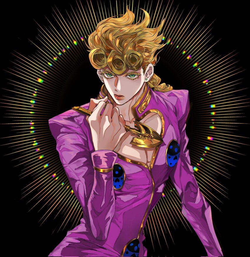 1boy arrow_(jojo) arrow_(projectile) black_background blonde_hair braid braided_ponytail clamchowder55 cleavage_cutout closed_mouth clothing_cutout derivative_work earrings giorno_giovanna green_eyes hashtag-only_commentary high_collar highres holding holding_arrow jacket jewelry jojo_no_kimyou_na_bouken ladybug_ornament long_hair long_sleeves looking_at_viewer male_focus pectorals pink_jacket solo vento_aureo wing_ornament
