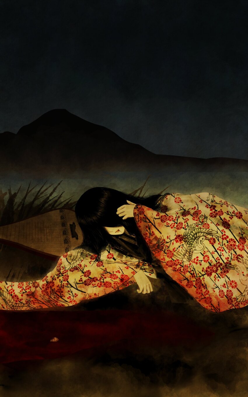 1girl black_hair blood blood_from_mouth blood_on_ground covered_eyes eyeball grass hair_over_eyes highres instrument japanese_clothes kimetsu_no_yaiba kimono long_hair lute_(instrument) lying maadaa mountain nakime_(kimetsu_no_yaiba) night night_sky parted_lips sky solo
