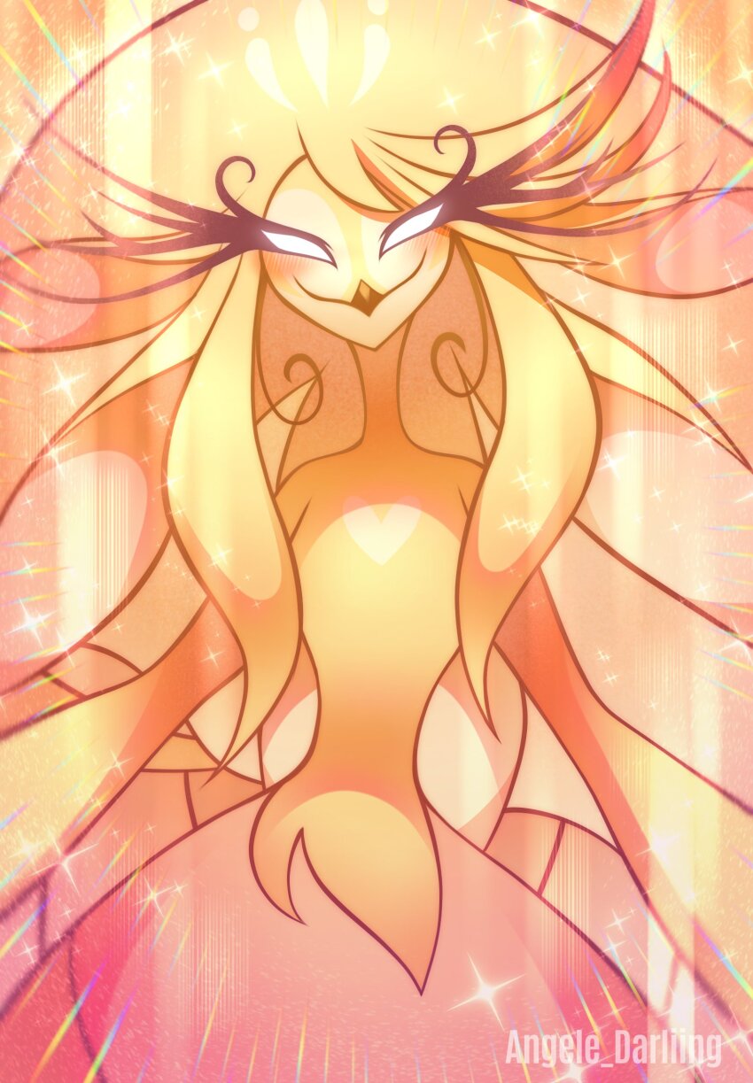 1girl absurdly_long_hair angele_darliing beak bird_girl blonde_hair blue_eyes dress feathers furry furry_female hazbin_hotel hellaverse highres long_eyelashes long_hair looking_at_viewer solo speaker_of_god_(hazbin_hotel) very_long_hair yellow_dress yellow_feathers