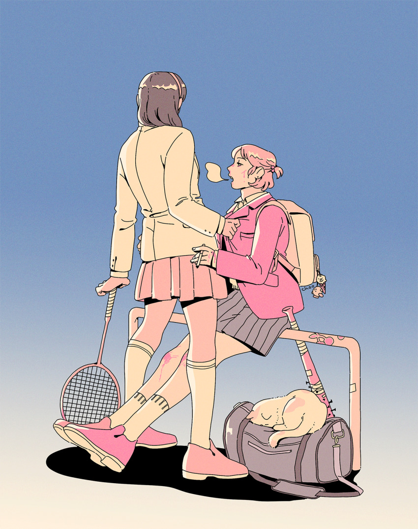 2girls animal backpack bag bag_charm baseball_bat blazer blood blood_on_face blood_on_hands blue_background breath brown_hair cat charm_(object) choo cigarette commentary english_commentary from_behind full_body gradient_background grey_bag grey_skirt headband highres holding holding_cigarette jacket long_hair long_sleeves looking_at_another miniskirt multiple_girls open_mouth original pink_blood pink_hair pink_jacket pink_shoes pink_skirt pleated_skirt racket school_bag school_uniform shoes short_hair sitting skirt sleeping_animal socks spiked_bat standing tennis_racket white_bag white_cat white_jacket white_socks yellow_background yuri