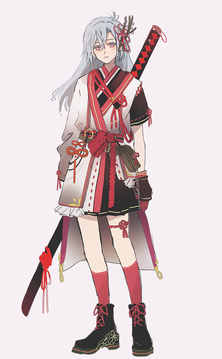 1girl asymmetrical_sleeves belt_pouch black_shoes blue_hair closed_mouth commentary_request full_body hair_between_eyes hair_branch highres japanese_clothes kaguya_(rune_factory) katana long_hair long_sleeves looking_at_viewer pouch purple_eyes red_rope red_socks rope rune_factory rune_factory:_guardians_of_azuma rurui_(jac7860) sheath sheathed shoes simple_background socks solo standing sword weapon weapon_on_back