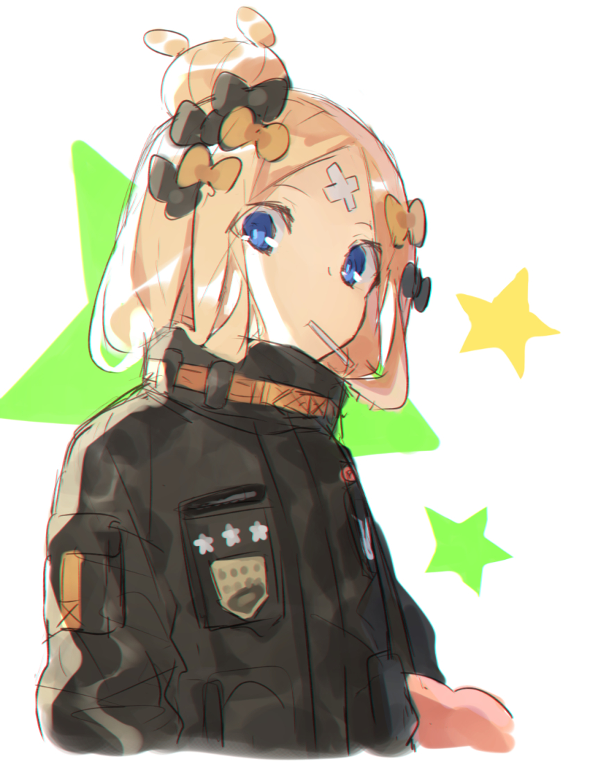 1girl abigail_williams_(fate) abigail_williams_(traveling_outfit)_(fate) black_bow black_jacket blonde_hair blue_eyes bow craytm cropped_torso fate/grand_order fate_(series) female_focus hair_bow hair_bun highres jacket looking_at_viewer mouth_hold official_alternate_costume orange_bow parted_bangs single_hair_bun solo star_(symbol) star_symbol_background stuffed_animal stuffed_toy teddy_bear upper_body white_background