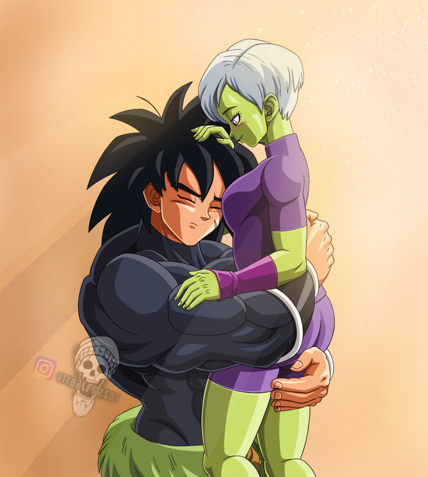 1boy 1girl absurdres ass black_hair blush breasts broly_(dragon_ball_super) cheelai colored_skin dragon_ball dragon_ball_super green_skin highres hug lifting_person muscular muscular_male pink_eyes scar scar_on_face short_hair tagme thick_thighs thighs white_hair