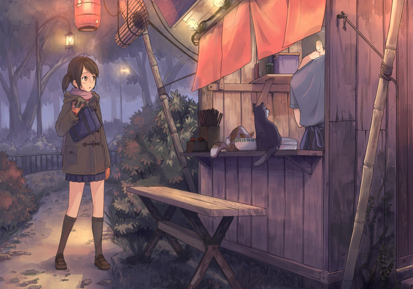 1boy 1girl :o bad_id bad_pixiv_id bag bench bowl brown_eyes brown_hair bush cat efmoe fence food_stand gloves kneehighs lamppost lantern light_bulb night noren original paper_lantern park scarf scenery short_hair short_twintails skirt socks twintails winter_clothes