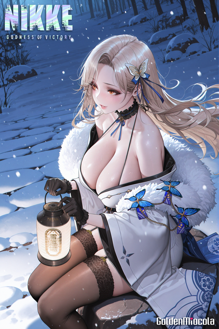 1girl absurdres artist_name bare_shoulders black_choker black_garter_straps black_gloves blonde_hair blue_butterfly blue_ribbon breasts brown_thighhighs bug butterfly butterfly_hair_ornament butterfly_ornament chinese_commentary choker cleavage collarbone commentary copyright_name dutch_angle english_commentary feet_out_of_frame floating_hair forest frilled_choker frilled_gloves frills from_side fur-trimmed_kimono fur_trim garter_straps gloves goddess_of_victory:_nikke goldenmiocola hair_behind_ear hair_ornament highres holding holding_lantern insect japanese_clothes kimono lace lace-trimmed_thighhighs lace_trim lantern large_breasts long_sleeves ludmilla_(nikke) ludmilla_(winter_owner)_(nikke) mixed-language_commentary nature night official_alternate_costume orange_eyes outdoors parted_bangs ribbon sitting skindentation snow snowing solo thighhighs typo white_butterfly white_kimono wide_sleeves
