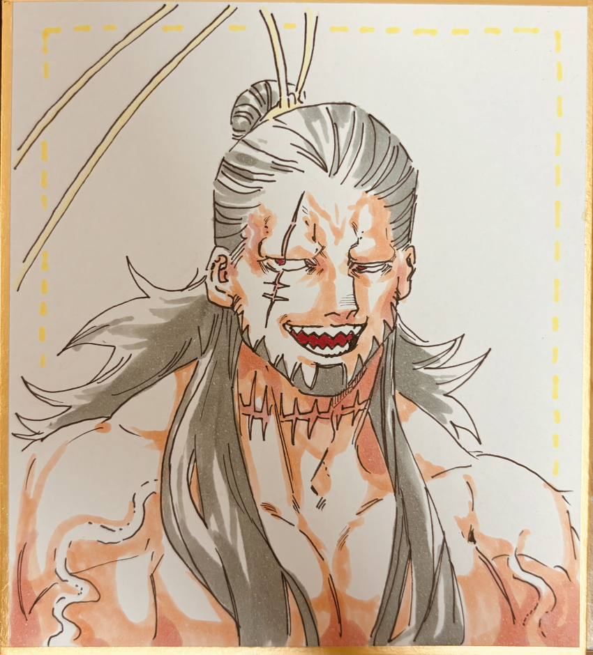 1boy absurdres bare_pectorals beard facial_hair goatee gold_ribbon hair_bun hair_ribbon half-closed_eyes highres long_hair looking_to_the_side lu_bu_(shuumatsu_no_valkyrie) male_focus muscular muscular_male nanako_nuchitsu no_eyebrows pectorals red_eyes ribbon scar scar_across_eye scar_on_face scar_on_neck sharp_teeth shirtless_male shuumatsu_no_valkyrie sideways_glance smile smug smug solo teeth toned toned_male topknot topless_male upper_body veins veiny_arms very_long_hair white_background