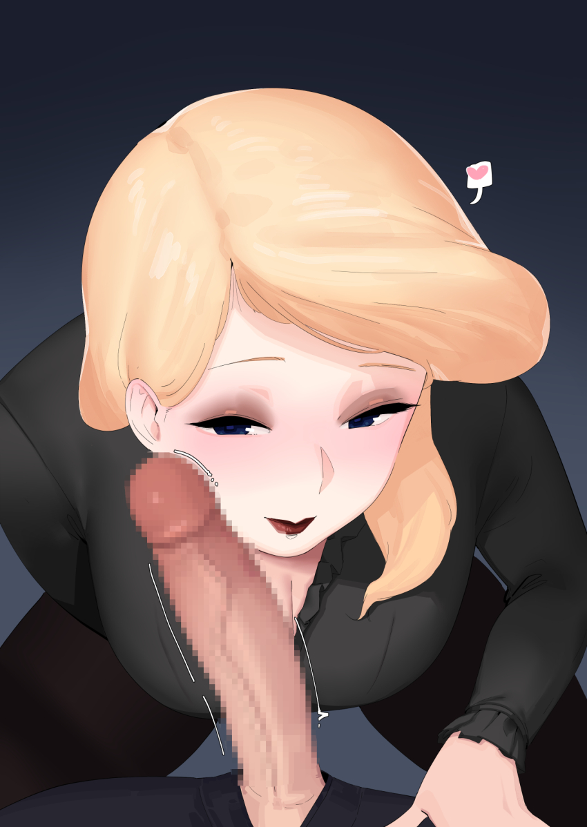 1boy 1girl black_shirt blue_eyes breasts censored cleavage facing_viewer from_above half-closed_eyes highres id_card imminent_fellatio large_breasts large_penis looking_at_viewer mature_female moebell office_lady original penis penis_on_face red_lips shirt smile