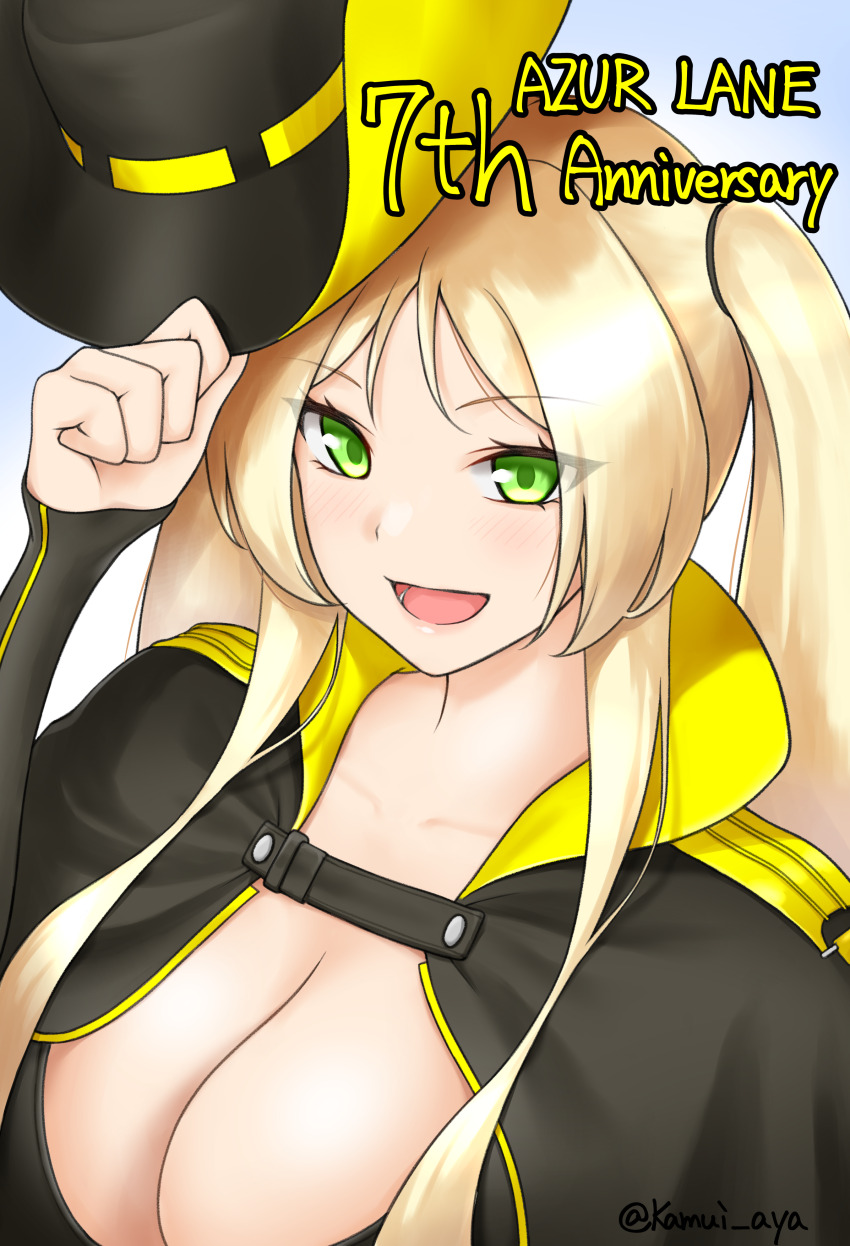 1girl :d absurdres anniversary azur_lane bikini bikini_top_only black_bikini black_cloak black_hat black_sleeves blonde_hair breasts cleavage cloak collarbone commentary_request cowboy_hat detached_sleeves green_eyes hat highres holding holding_unworn_clothes holding_unworn_hat hornet_(azur_lane) kamui_aya large_breasts long_hair looking_at_viewer open_mouth parted_bangs sidelocks simple_background smile solo standing swimsuit twintails twitter_username unworn_hat unworn_headwear upper_body very_long_hair white_background