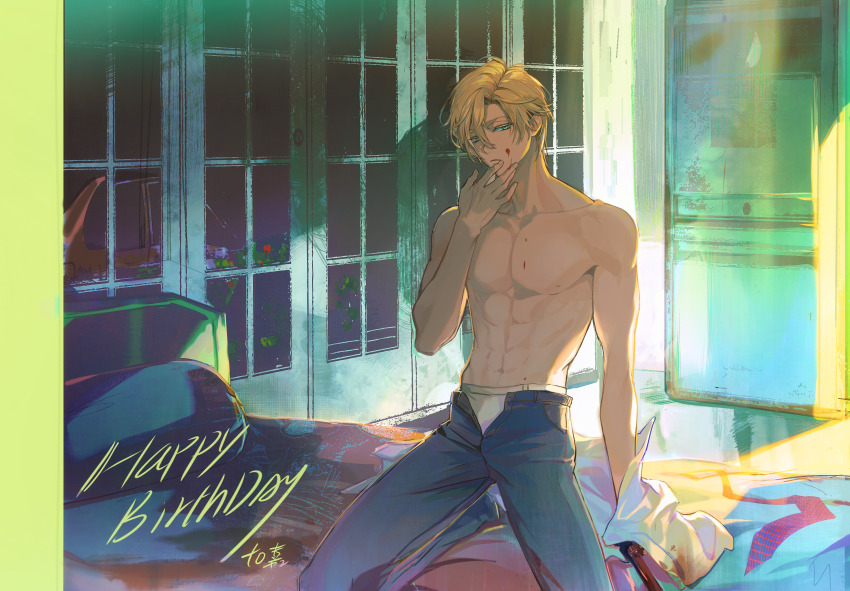1boy abs ash_lynx banana_fish bed blonde_hair blood blood_on_face blue_eyes blue_pants denim happy_birthday highres holding indoors jeans kelme kneeling looking_at_viewer male_focus male_underwear navel on_bed open_fly open_pants panties pants pectorals pillow shirt short_hair solo sunlight toned toned_male topless_male underwear window