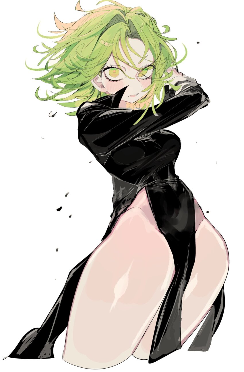 1girl black_dress breasts closed_mouth cropped_legs curly_hair dress green_eyes green_hair highres long_sleeves looking_at_viewer medium_hair no_panties one-punch_man pelvic_curtain short_hair side_slit simple_background small_breasts solo tatsumaki thick_thighs thighs usa37107692 v-shaped_eyebrows white_background