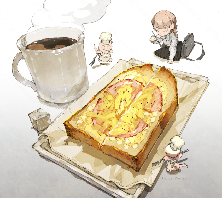 1girl apron bag black_skirt bread bread_slice cheese chef_hat coffee coffee_mug creature cup demizu_posuka drink food fork grey_hair ham hat holding holding_fork mug napkin original school_bag school_uniform shirt skirt steam toast white_apron white_shirt