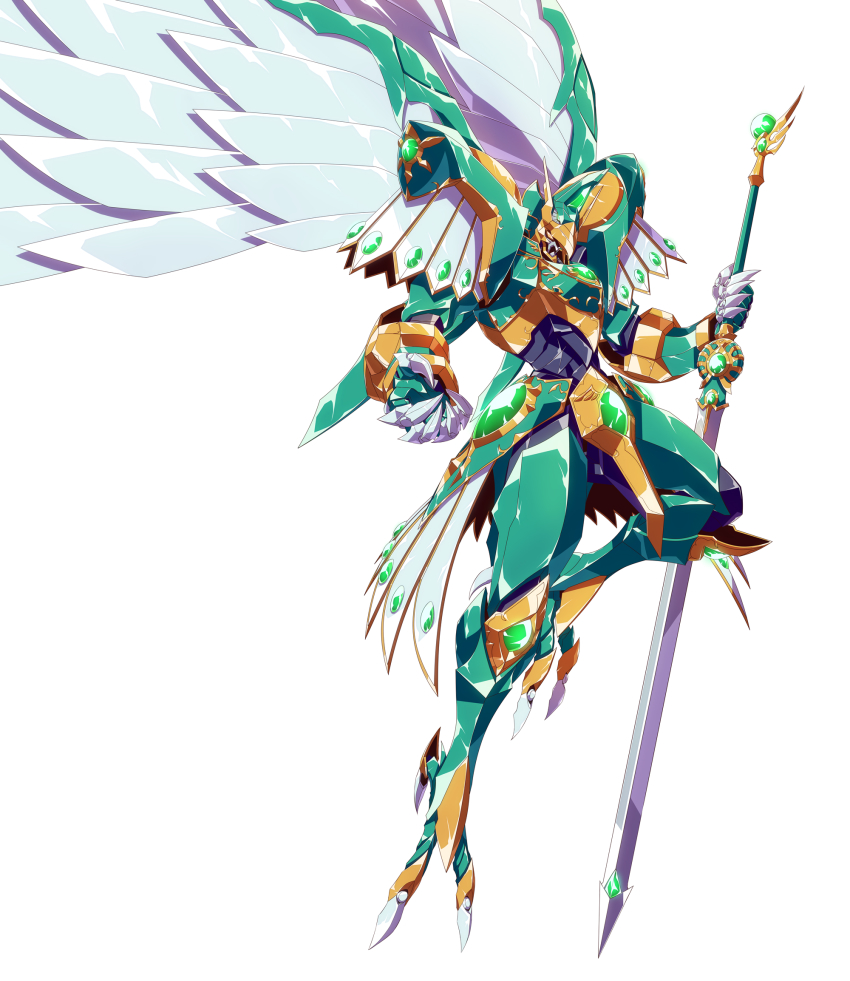 airborne fantasy glowing glowing_eye highres holding holding_sword holding_weapon long_sword magic_knight_rayearth mashin mecha mechanical_wings no_humans oobari_masami_(style) orange_eyes robot solo sword weapon white_background windam_(rayearth) wings yakisoba_(kaz2113)