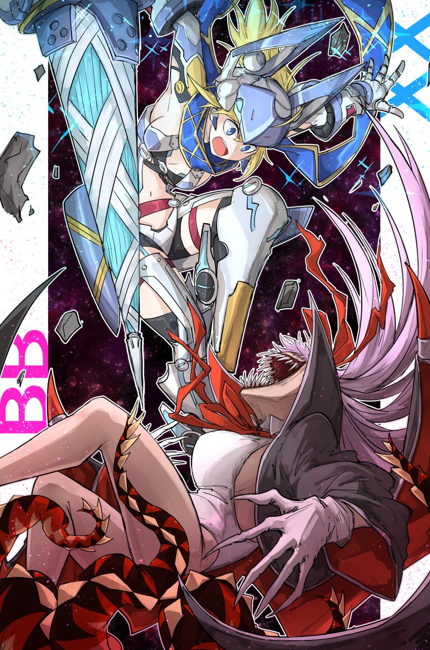 2girls absurdres ahoge artoria_pendragon_(fate) bad_id bad_pixiv_id battle bb_(fate) bb_(swimsuit_mooncancer)_(fate) bb_(swimsuit_mooncancer)_(third_ascension)_(fate) blonde_hair blue_eyes bow breasts claws duel fangs fate/grand_order fate_(series) gloves hair_bow highres kankan33333 large_breasts medium_breasts multiple_girls mysterious_heroine_x_(fate) mysterious_heroine_xx_(fate) mysterious_heroine_xx_(second_ascension)_(fate) navel ponytail purple_hair scarf tan tentacles twinmyniad_(fate) white_gloves