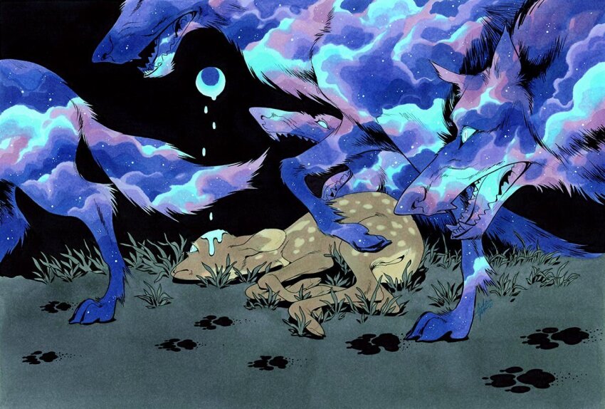 animal animal_focus aqua_clouds aqua_fur aqua_sclera black_background blue_clouds blue_fur blue_liquid blue_moon blue_theme brown_fur closed_mouth cloud cloud_print cloudy_sky colored_sclera commentary crescent_moon deer dripping english_commentary fawn fleebites frown grass moon night night_sky no_humans on_grass on_ground open_mouth original outdoors paw_print purple_clouds purple_fur sharp_teeth sky star_(sky) starry_sky surreal teeth traditional_media walking white_eyes wolf