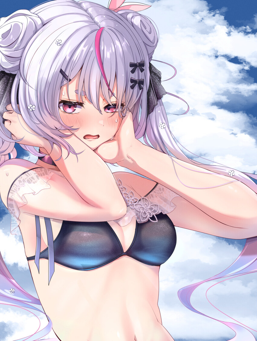 1girl bikini black_bikini blue_sky blush bow breasts choker cloud double_bun embarrassed gradient_hair grey_hair hair_bow hair_bun hair_ornament hairclip hand_on_own_cheek hand_on_own_face hatogayar highres lace lace_sleeves long_hair looking_at_viewer medium_breasts multicolored_hair navel off-shoulder_bikini off_shoulder open_mouth pink_hair purple_choker purple_eyes purple_hair see-through_clothes see-through_sleeves short_eyebrows sky solo stomach streaked_hair swimsuit tosaki_mimi tosaki_mimi_(vspo!_summer_2024) upper_body very_long_hair virtual_youtuber vspo!