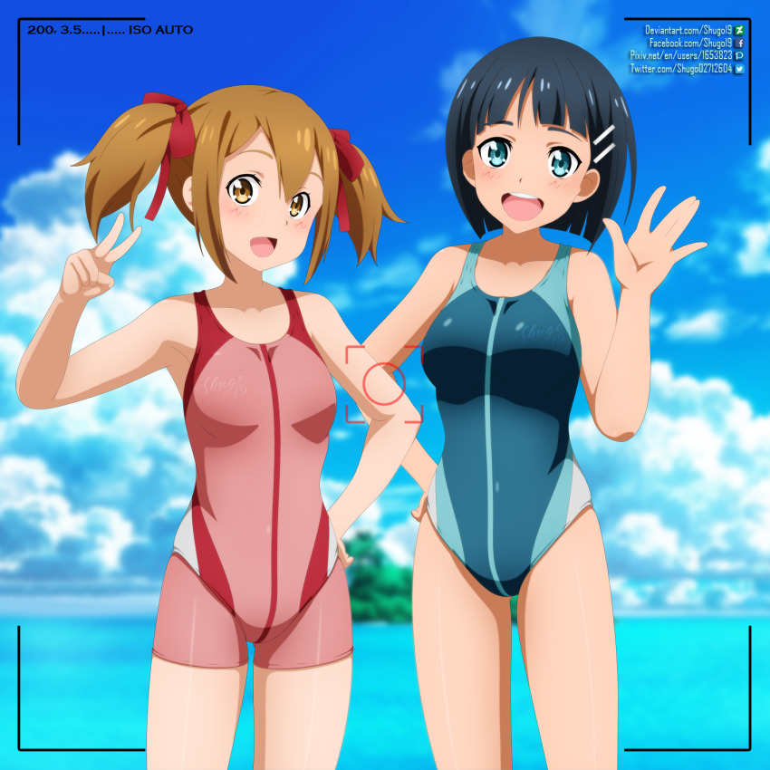 2girls aqua_eyes black_eyes blue_one-piece_swimsuit blue_sky blurry blurry_background bob_cut bodysuit breasts brown_hair cloud competition_swimsuit day deviantart_username diving_suit facebook_username female_focus hair_ornament hair_ribbon hairclip highres kirigaya_suguha looking_at_viewer medium_breasts multicolored_clothes multiple_girls one-piece_swimsuit open_mouth outdoors pixiv_id red_eyes red_wetsuit ribbon round_teeth short_hair shugo19 silica sky smile swimsuit sword_art_online teeth twintails twitter_username upper_teeth_only v viewfinder waving wetsuit
