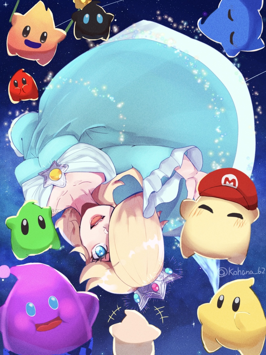 1girl blonde_hair blue_dress blue_eyes brooch crown dress hair_over_one_eye hat highres hungry_luma_(super_mario_galaxy) jewelry kohana_62 long_hair long_sleeves looking_at_viewer lubba luma_(mario) mario_(series) nintendo open_mouth polari_(super_mario_galaxy) rosalina space sparkle super_mario_galaxy super_mario_galaxy_2 twitter_username upside-down