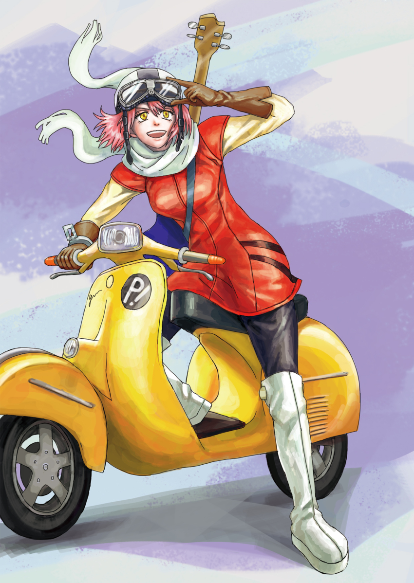 1girl bass_guitar boots breasts brown_gloves electric_bass_guitar flcl full_body gloves goggles goggles_on_head goggles_on_headwear haruhara_haruko helmet highres holding holding_goggles instrument medium_breasts motor_vehicle pink_hair red_shirt roporopo scarf scooter shirt short_hair simple_background smile solo vespa white_boots white_scarf white_sleeves yellow_eyes