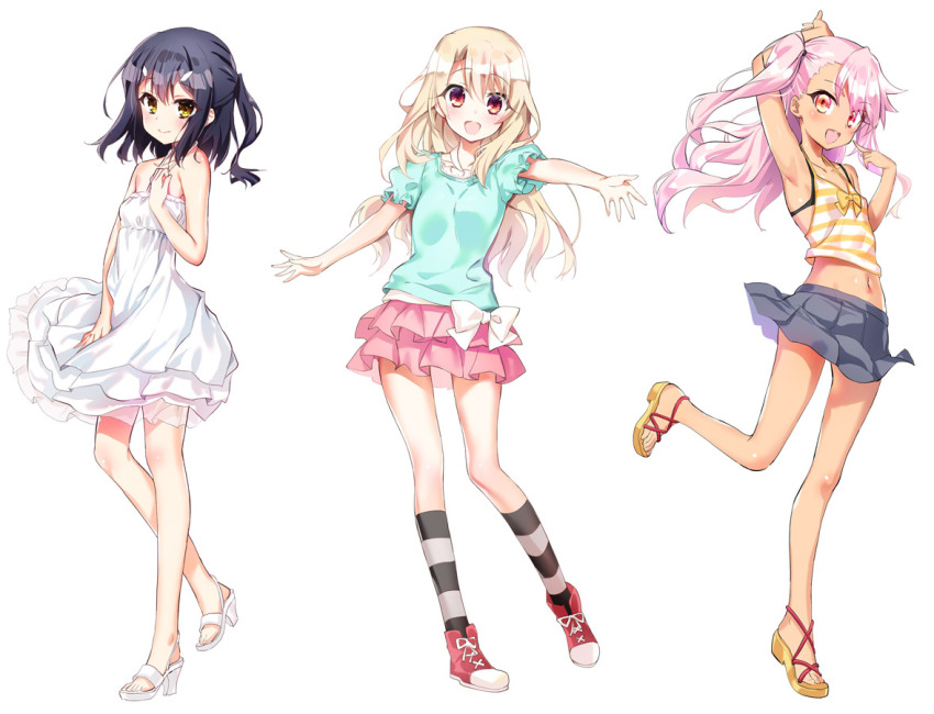 3girls arm_up bare_shoulders bikini bikini_under_clothes black_bikini black_hair blonde_hair breasts chloe_von_einzbern closed_mouth dress fate/kaleid_liner_prisma_illya fate_(series) feet finger_to_cheek high_heels illyasviel_von_einzbern legs looking_at_viewer midriff miyu_edelfelt multiple_girls navel open_mouth outstretched_arm pink_hair pleated_skirt red_eyes red_footwear red_skirt skirt small_breasts smile standing standing_on_one_leg stomach striped_clothes sundress swimsuit thighs toes white_dress yellow_eyes youta