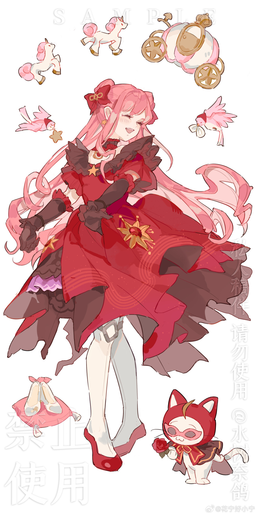 1girl ^_^ absurdres ahoge animal bird black_choker black_gloves blunt_bangs bow bowtie carriage cat choker cloak closed_eyes clothed_animal commission double_bun dress ear_covers earrings elbow_gloves eyelashes flats flower frilled_choker frilled_dress frilled_gloves frills full_body glasses gloves hair_bow hair_bun hair_intakes happy highres holding holding_flower hood hood_up hooded_cloak huaning_haoxiao_ning infinity_nikki jewelry knee_pads long_hair medium_dress momo_(nikki) nikki_(nikki) nikki_(series) opaque_glasses pantyhose pink-framed_eyewear pink_hair pleated_dress puffy_short_sleeves puffy_sleeves red_bow red_bowtie red_choker red_cloak red_dress red_flower red_footwear red_rose rose sample_watermark short_sleeves sidelocks simple_background skirt_hold standing star_(symbol) star_earrings sunglasses threads_of_reunion_(infinity_nikki) two-tone_choker unicorn very_long_hair watermark wavy_hair weibo_watermark whiskers white_background white_cat white_pantyhose