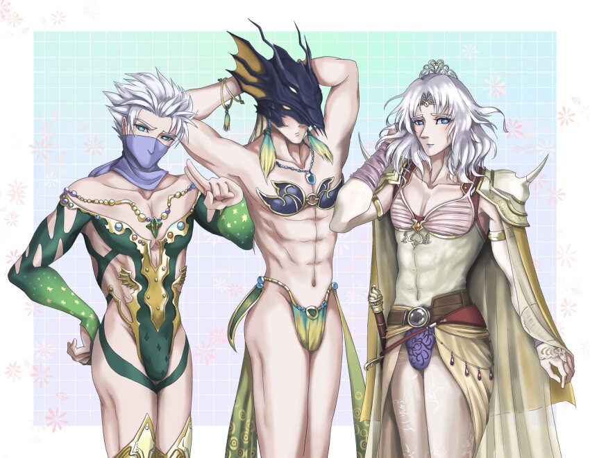 3boys abs armor armpits arms_behind_head barbariccia barbariccia_(cosplay) bare_legs bare_shoulders belt_buckle blonde_hair blue_eyes bra bracelet bridal_gauntlets buckle bulge cain_highwind cape cecil_harvey cosplay crossdressing earrings edward_geraldine final_fantasy final_fantasy_iv green_leotard helmet highres jewelry leotard lipstick looking_at_viewer makeup mask midriff mouth_mask multiple_boys muscular muscular_male necklace pendant rosa_farrell rosa_farrell_(cosplay) rydia_(ff4) rydia_(ff4)_(cosplay) sash shoulder_armor shoulder_spikes spikes star_pendant thighhighs tiara underwear waist_sash white_hair wrist_cuffs wristband