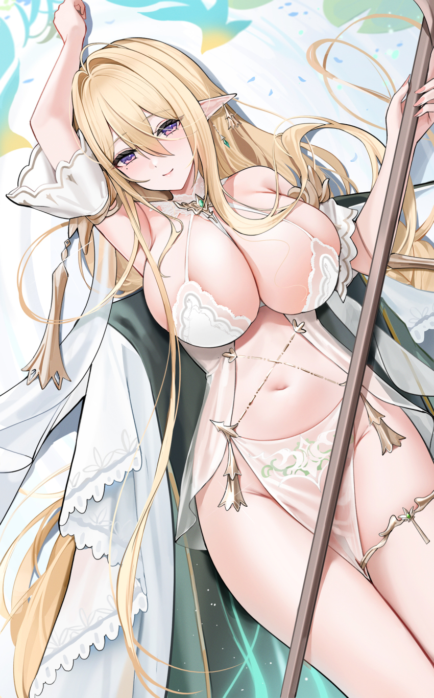 1girl arm_above_head arm_up azur_lane bare_shoulders between_breasts blonde_hair blush bra breasts cape chinese_commentary cleavage commentary_request earrings elf from_above gem gold_thighlet gold_trim gouden_leeuw_(azur_lane) green_gemstone groin hair_intakes hair_spread_out halterneck highres holding holding_staff jewelry large_breasts light_particles lily_pad long_hair looking_at_viewer lying mole mole_under_eye nail_polish navel no_panties on_back pelvic_curtain pink_nails pointy_ears pubic_tattoo purple_eyes qing_wu revealing_clothes see-through_clothes smile solo staff stomach tattoo thighlet thighs two-sided_cape two-sided_fabric underwear very_long_hair water white_bra white_cape
