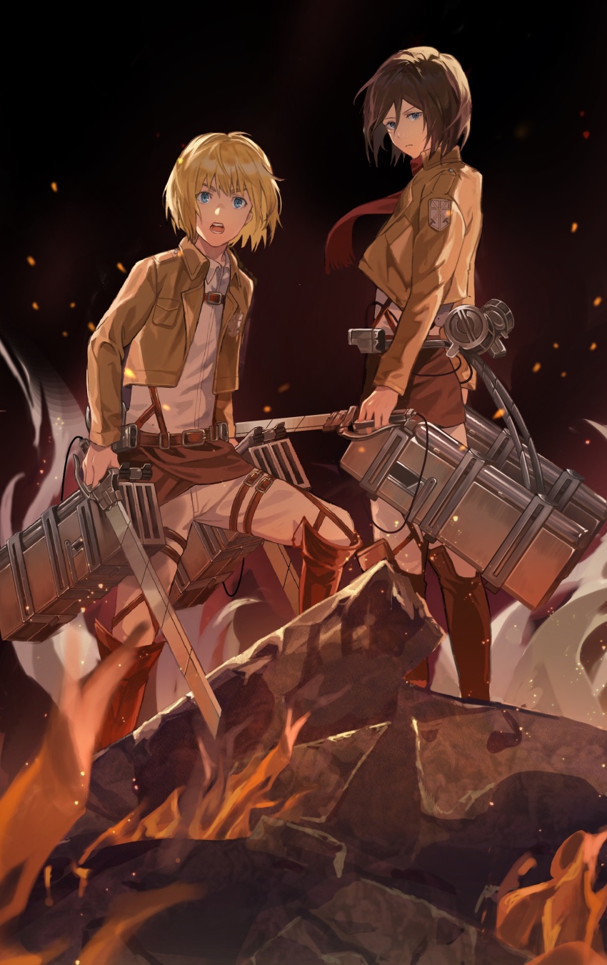1boy 1girl absurdres armin_arlert black_background black_hair blonde_hair blue_eyes bob_cut boots brown_boots brown_jacket cropped_jacket debris fire full_body grey_eyes hair_between_eyes highres holding holding_weapon jacket long_sleeves mikasa_ackerman open_mouth pants red_scarf scarf shingeki_no_kyojin shirt shirushi_06 short_hair standing three-dimensional_maneuver_gear weapon white_pants white_shirt