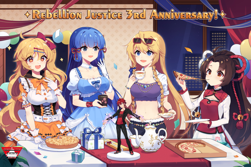 +_+ 4girls :d absurdres ahoge anniversary balloon belt blonde_hair blouse blue_dress blue_eyes blue_hair bow braid breasts brown_eyes brown_hair building character_doll character_request cleavage collar copyright_name cup detached_collar doll dress eating food gift gloves hair_ornament hair_ribbon hairclip hand_up hayama_natsumi highres indoors kyuukumo_chieko long_hair long_sleeves medium_breasts midriff multiple_girls navel official_art open_mouth orange_bow orange_dress pie pizza puffy_short_sleeves puffy_sleeves purple_shirt rebellion_justice ribbon saucer sharlorc shirt short_shorts short_sleeves shorts skyscraper small_breasts smile stomach table tea teacup teapot twin_braids very_long_hair white_collar white_gloves wristband
