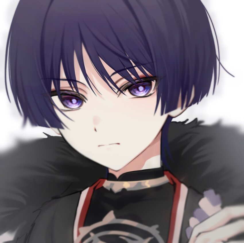 1boy black_bodysuit black_kimono blunt_ends blurry bodysuit closed_mouth depth_of_field expressionless fur_collar genshin_impact gold han&#039;eri ij_xcm4o japanese_clothes jewelry kimono layered_kimono looking_at_viewer male_focus mandarin_collar neck_ring open_clothes open_kimono portrait purple_eyes purple_hair purple_rope red_kimono rope scaramouche_(genshin_impact) shimenawa solo split_mouth tsurime white_background white_kimono white_rope wispy_bangs