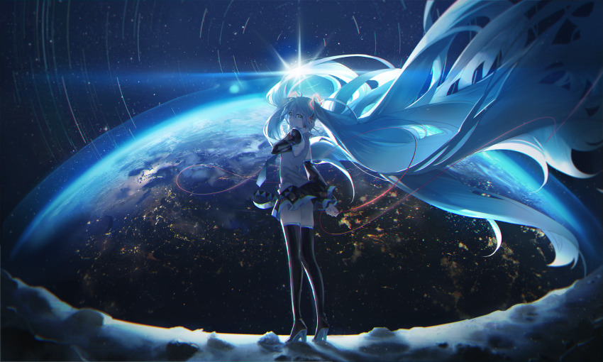 1girl absurdly_long_hair arm_at_side backlighting bare_shoulders black_boots black_skirt blue_eyes blue_hair blue_necktie blue_theme boots cable city_lights clothes_lift commentary_request detached_sleeves earth_(planet) expressionless floating_hair from_behind grey_shirt hand_on_headphones hand_up hatsune_miku headphones highres lens_flare long_hair looking_at_viewer looking_back necktie nura_orimoto planet pleated_skirt shadow shirt skirt skirt_lift sleeveless sleeveless_shirt solo space standing star_(sky) star_trail thigh_boots thighhighs twintails very_long_hair vocaloid zettai_ryouiki