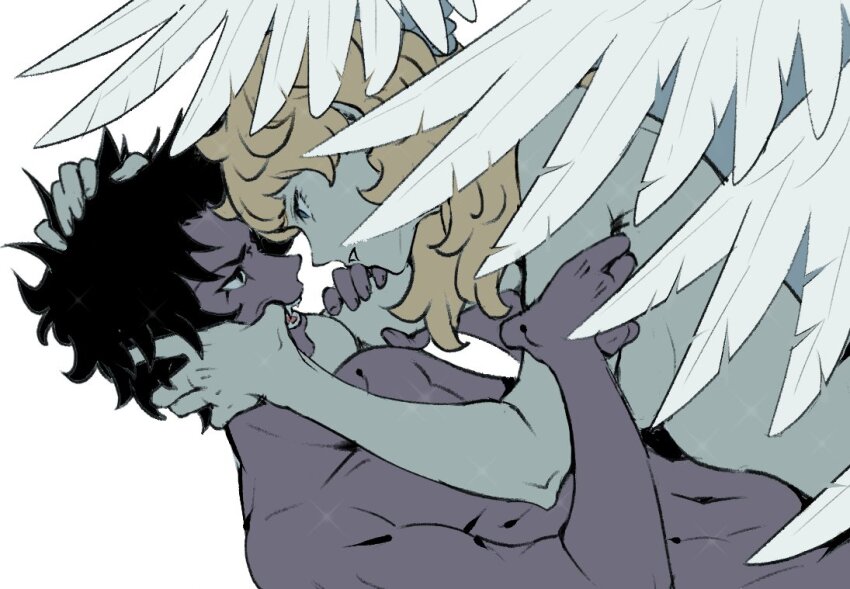 2boys angel_wings black_hair blonde_hair blue_eyes collarbone commentary_request dark-skinned_male dark_skin devilman devilman_crybaby eye_contact eyelashes fangs feathered_wings finger_in_another&#039;s_mouth fudou_akira hand_on_another&#039;s_face hand_on_another&#039;s_head hands_on_another&#039;s_arms huziqunzi long_hair looking_at_another lower_eyelashes_only male_focus multiple_boys navel nude pectorals satan_(devilman) sharp_teeth simple_background teeth white_background white_wings wings yaoi